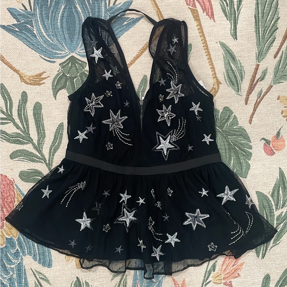 Express Embroidered Star Peplum Babydoll Tulle Sheer Tank with Jewels